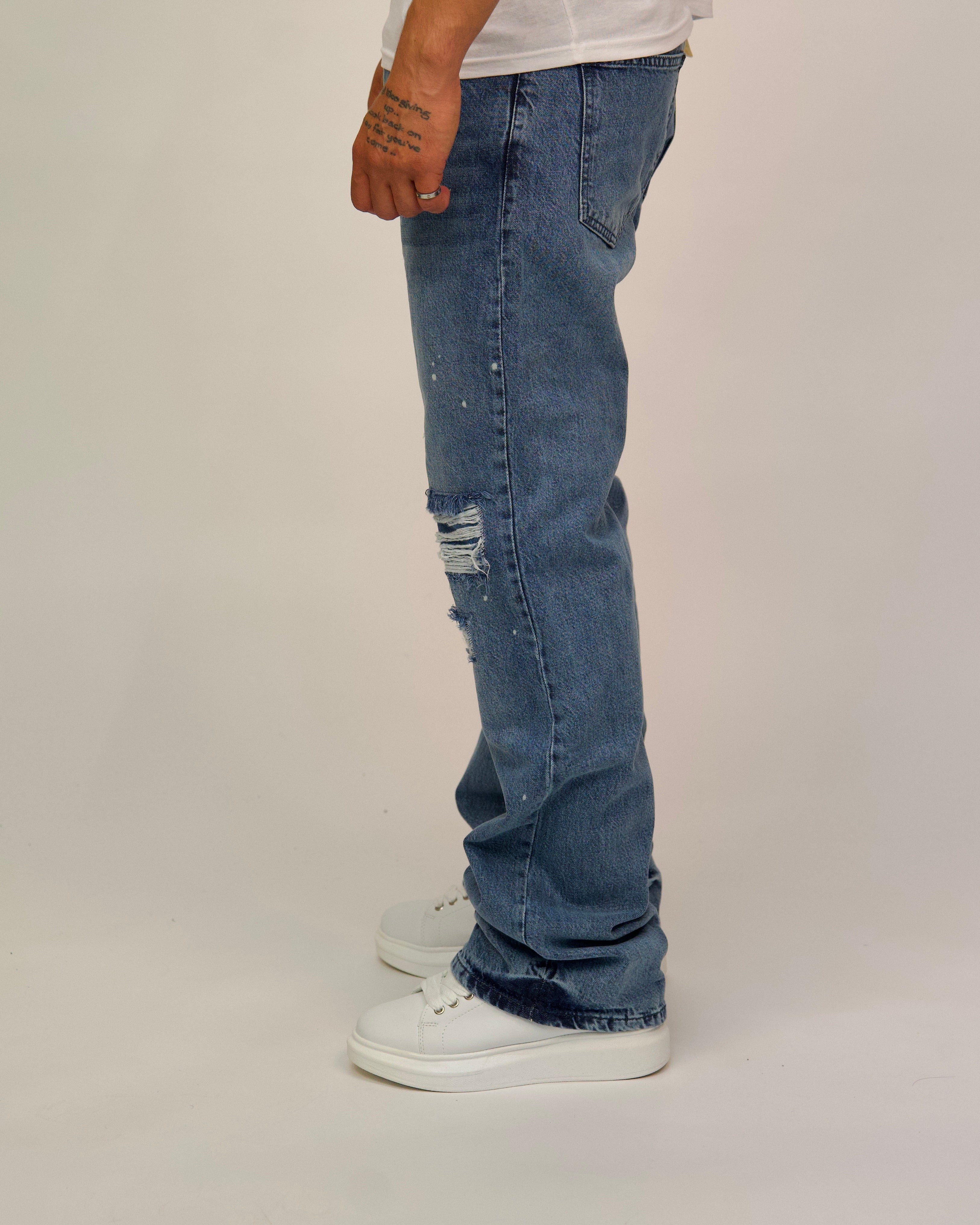 Mid-Wash Ripped Straight Jeans