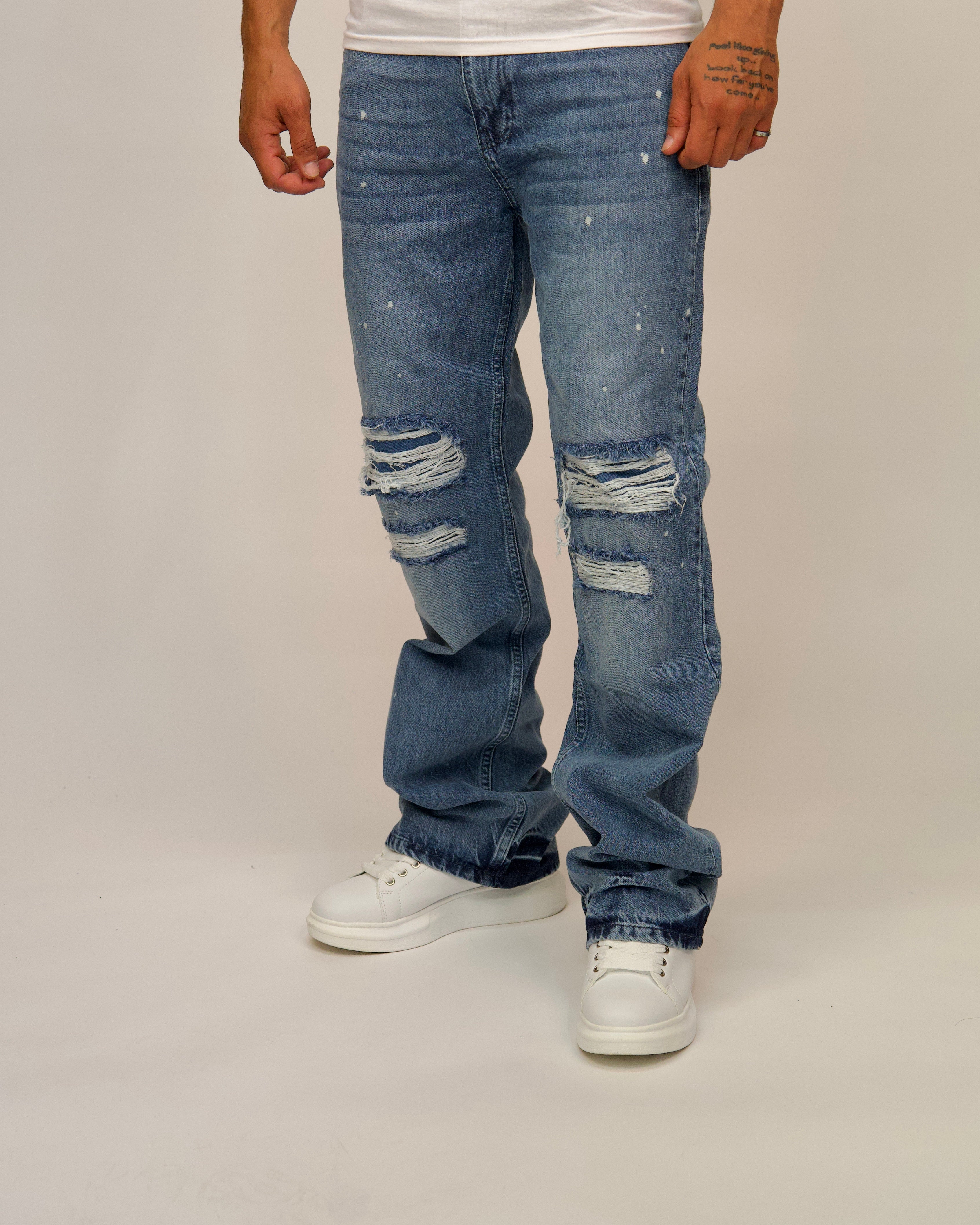 Mid-Wash Ripped Straight Jeans