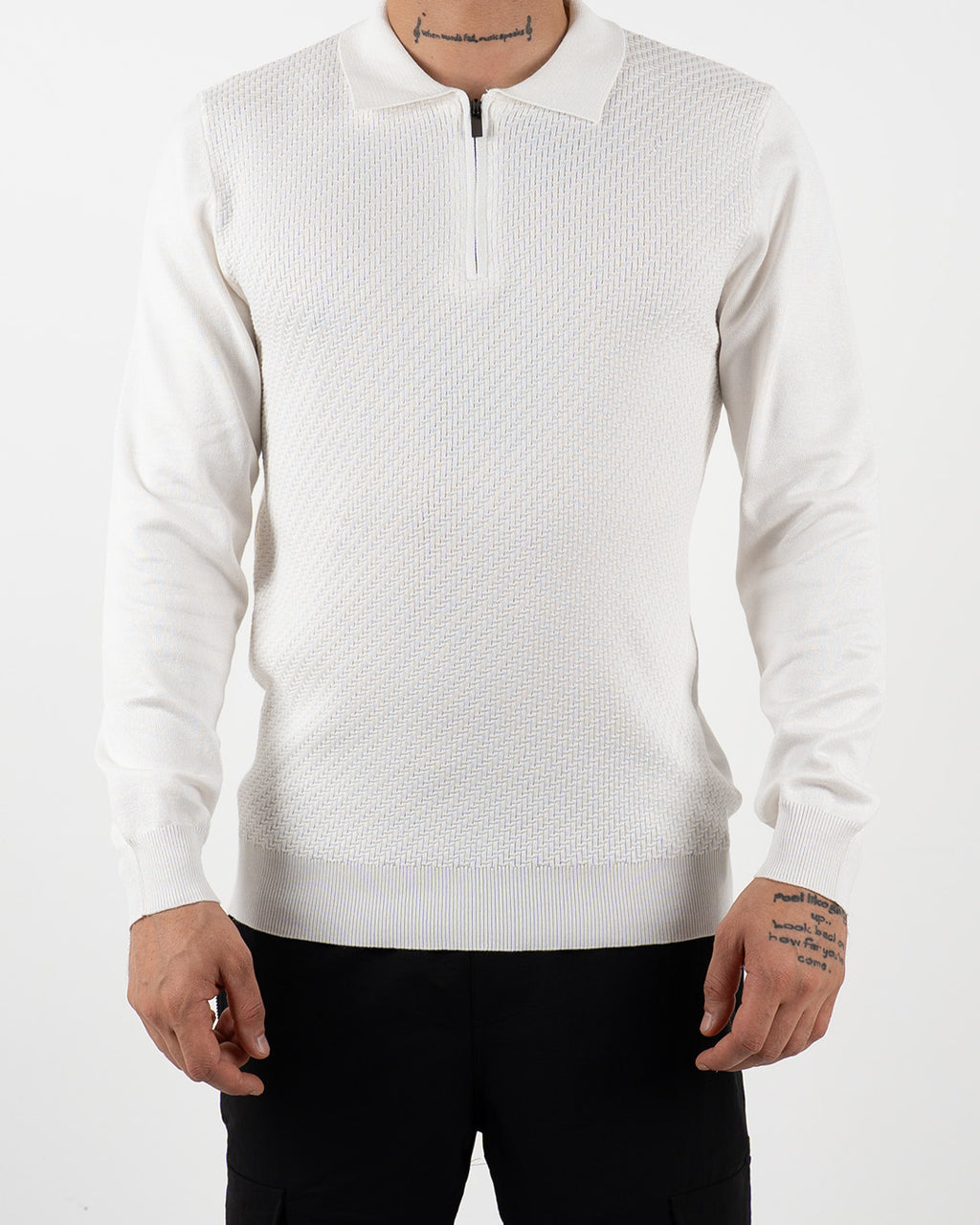 White Textured Quarter Zip Polo