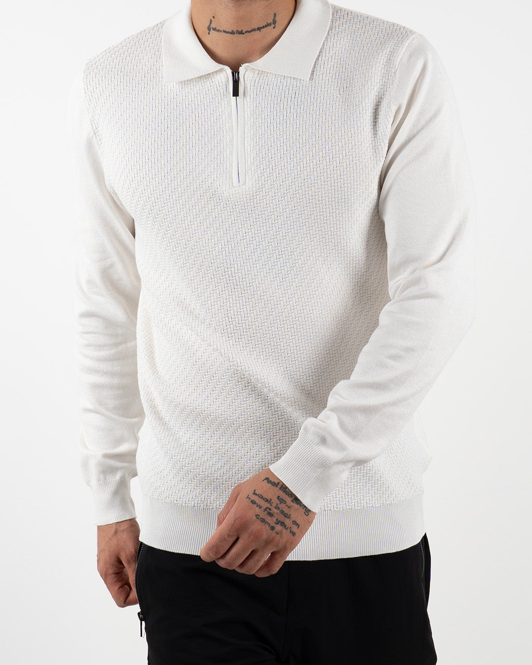White Textured Quarter Zip Polo