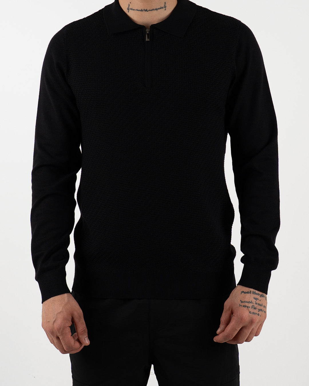 Black Textured Quarter Zip Polo