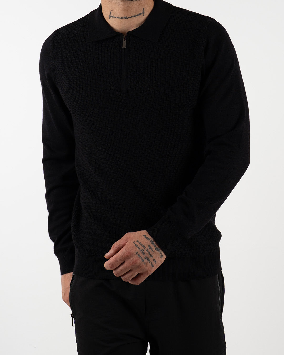Black Textured Quarter Zip Polo