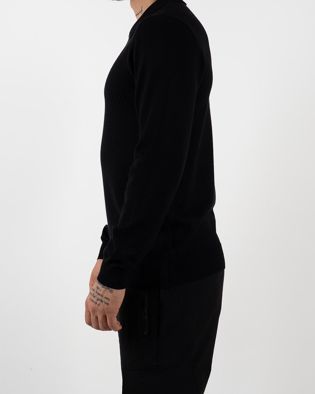 Black Textured Quarter Zip Polo