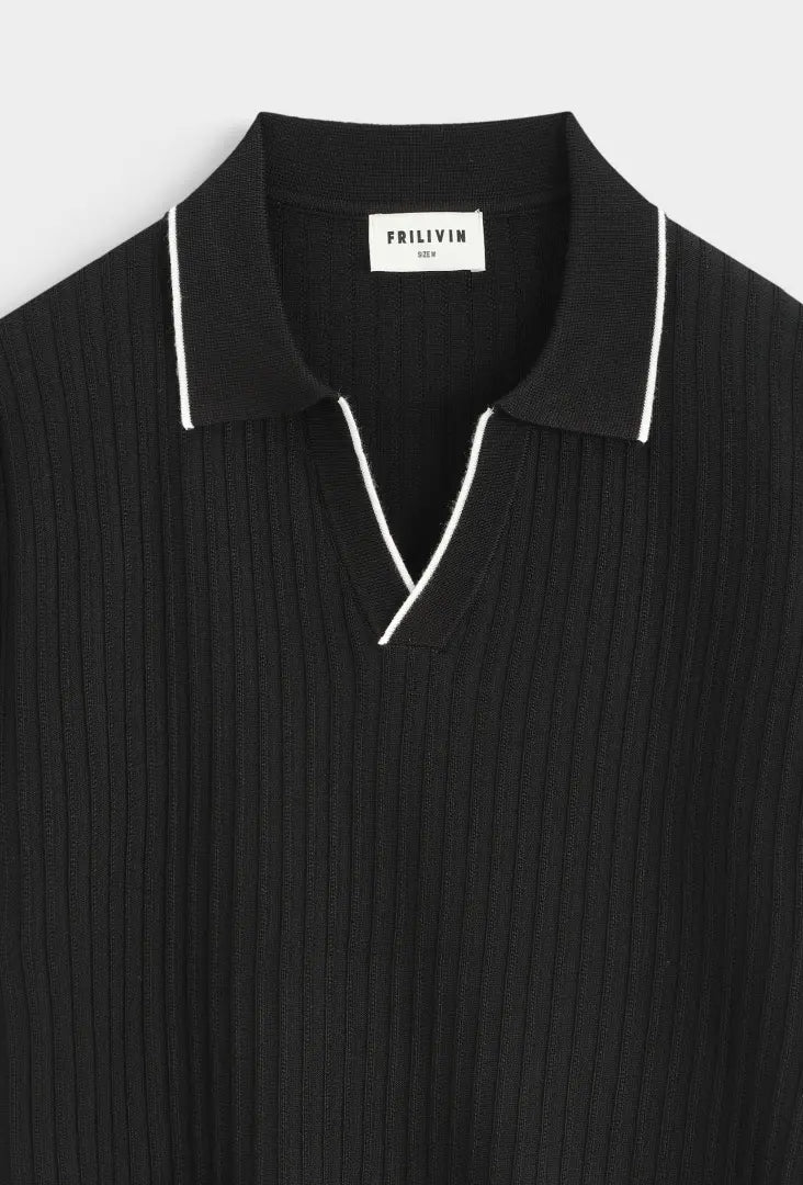 Black Contrast Trim Ribbed Polo Shirt