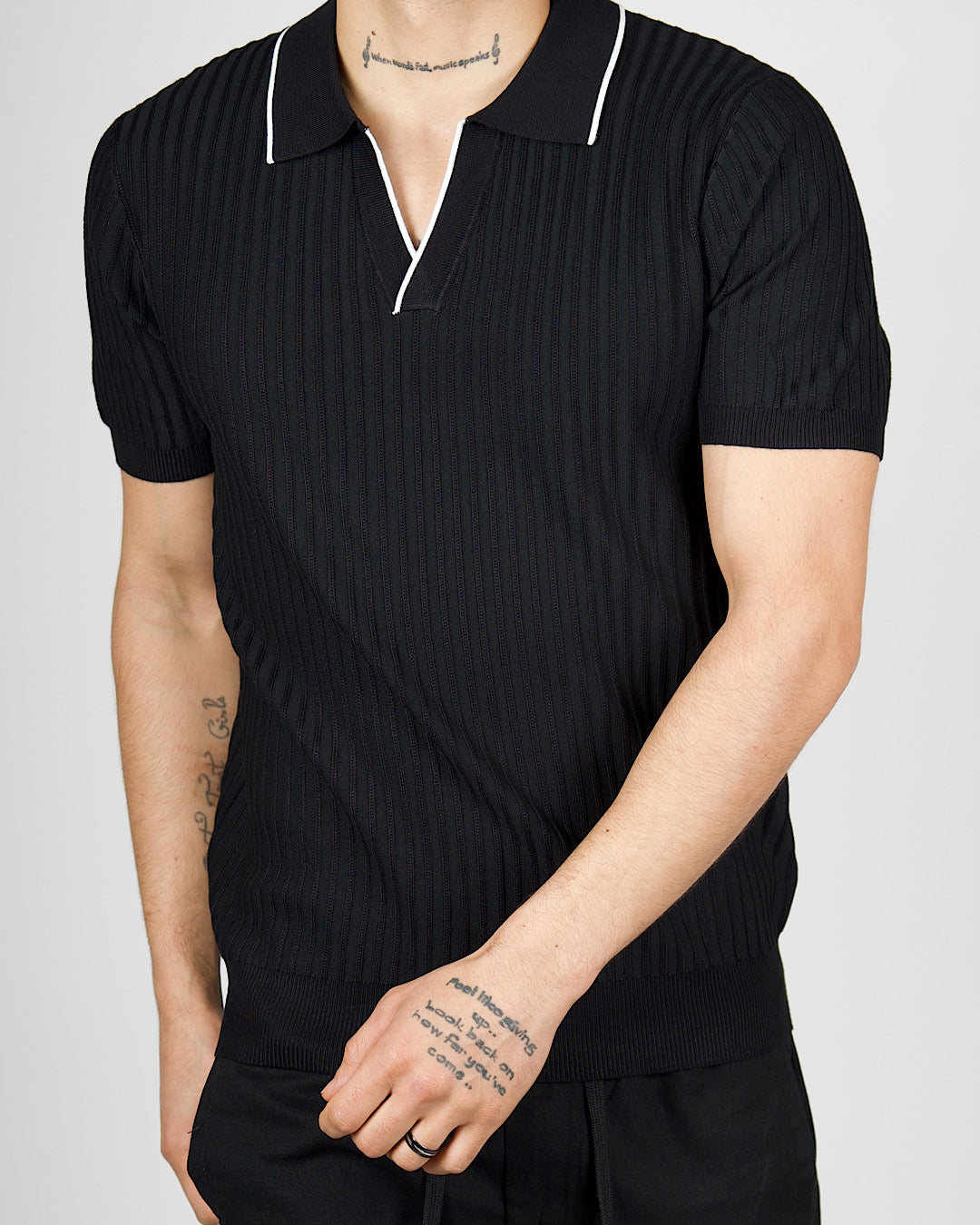Black Contrast Trim Ribbed Polo Shirt