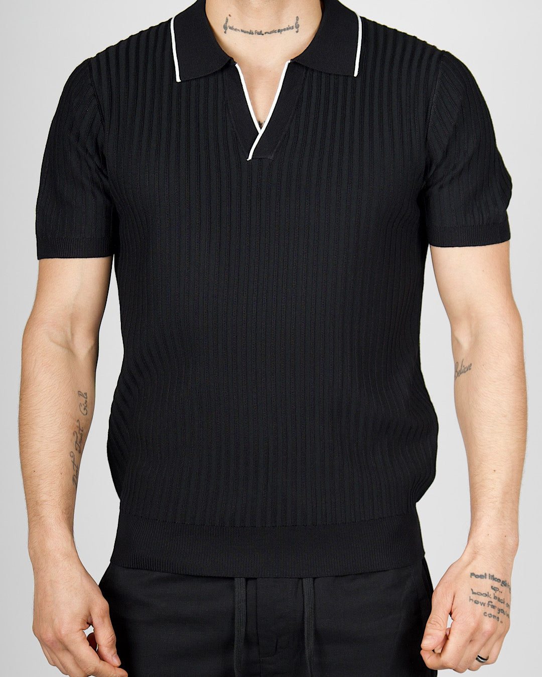 Black Contrast Trim Ribbed Polo Shirt