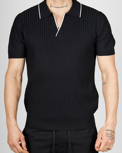 Black Contrast Trim Ribbed Polo Shirt