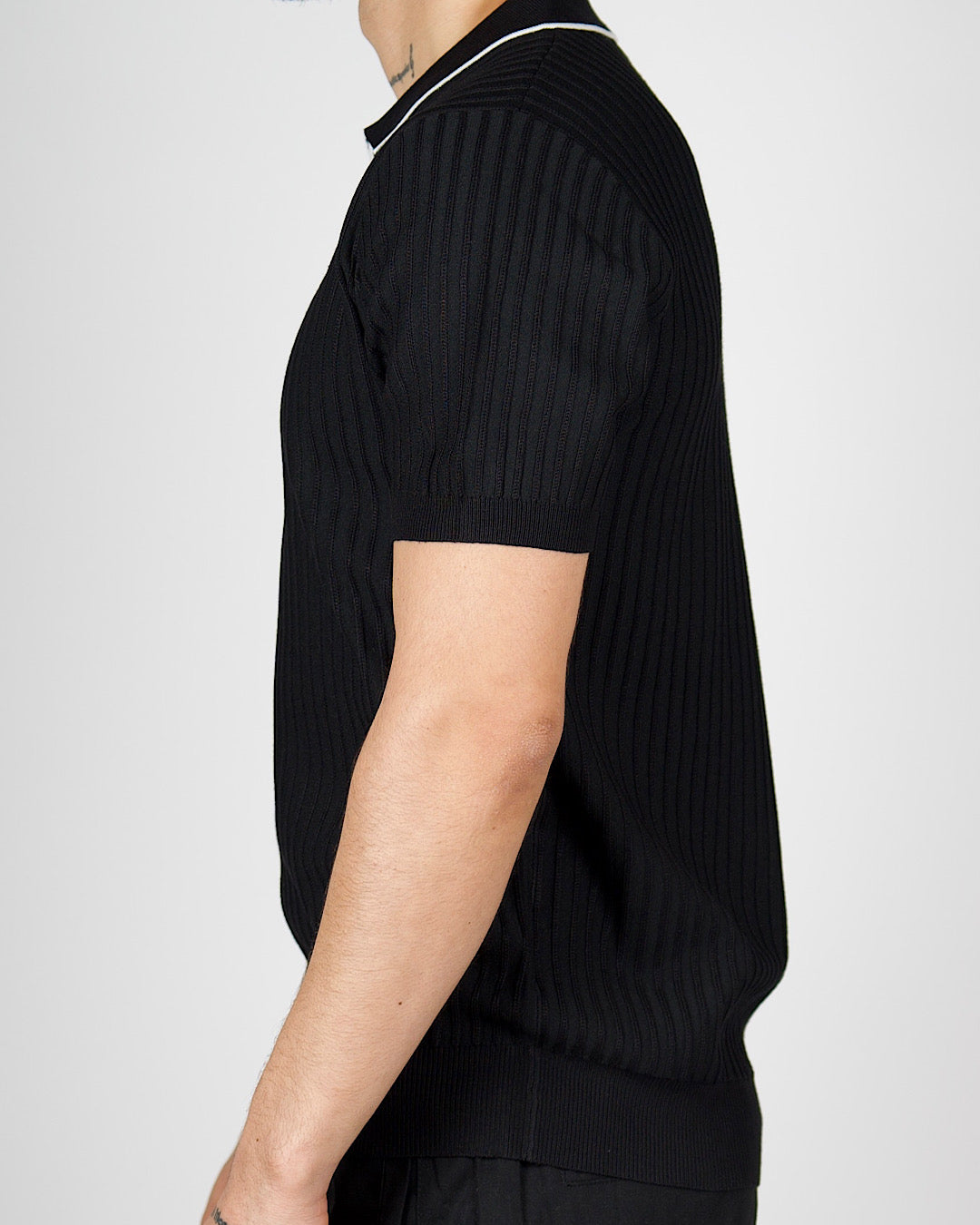 Black Contrast Trim Ribbed Polo Shirt