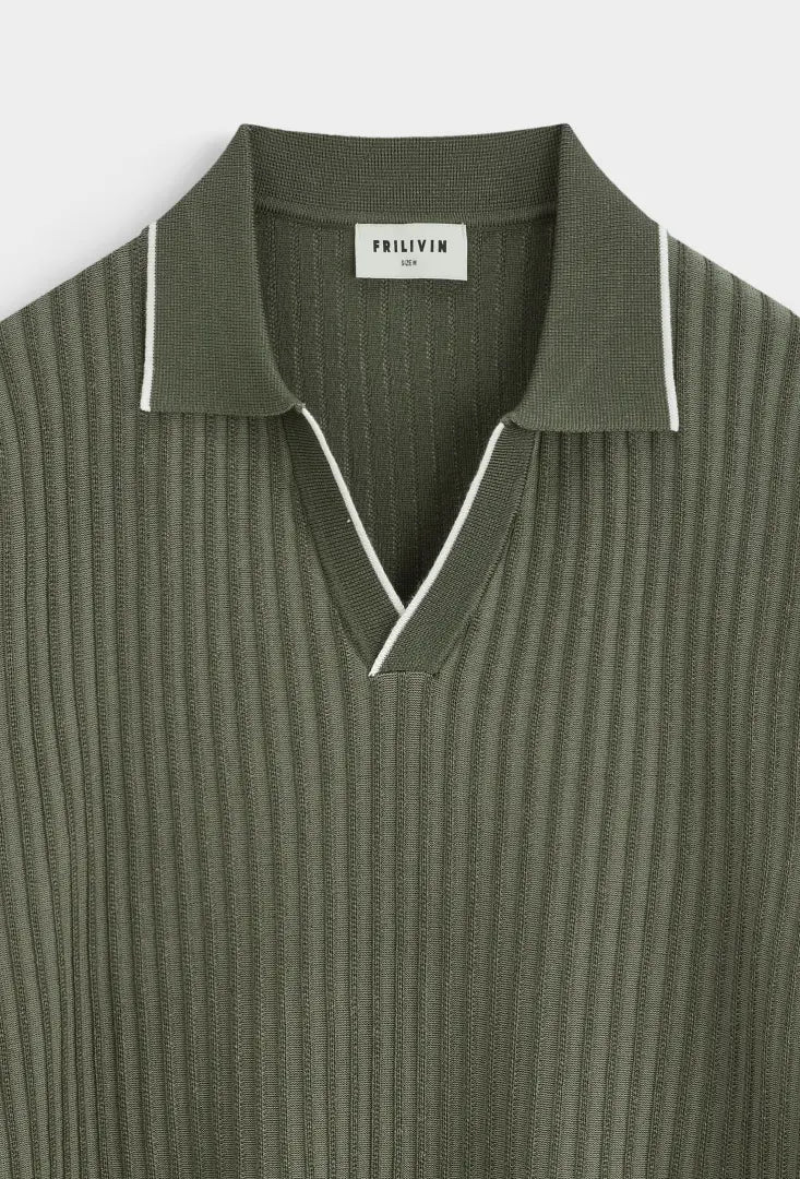 Green Contrast Trim Ribbed Polo Shirt