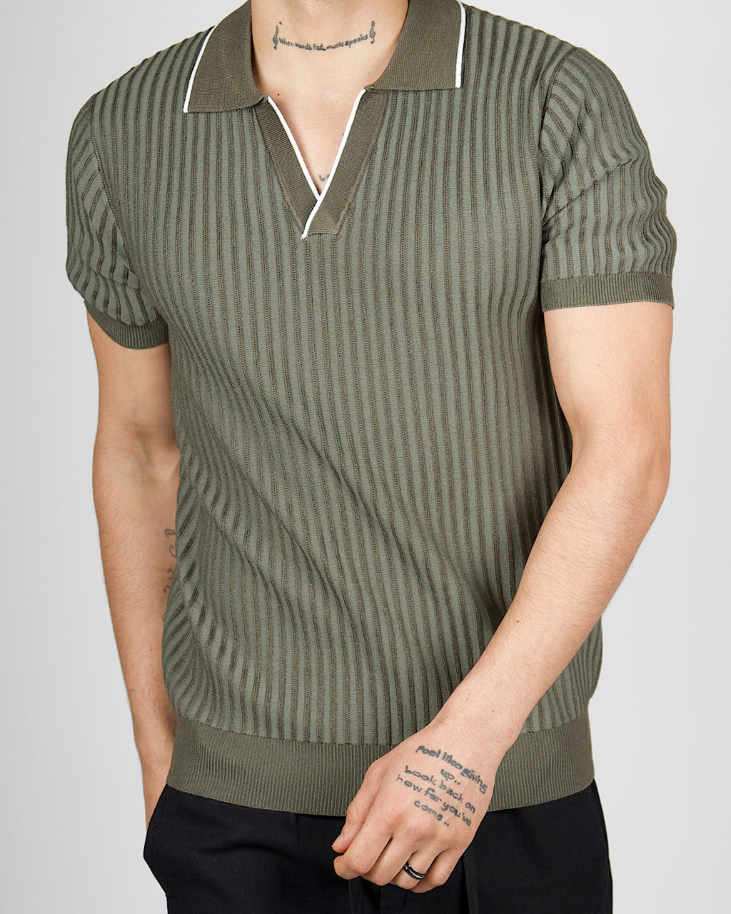 Green Contrast Trim Ribbed Polo Shirt