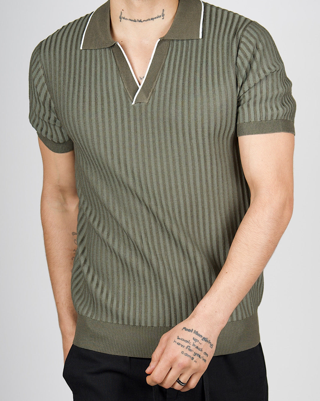 Green Contrast Trim Ribbed Polo Shirt