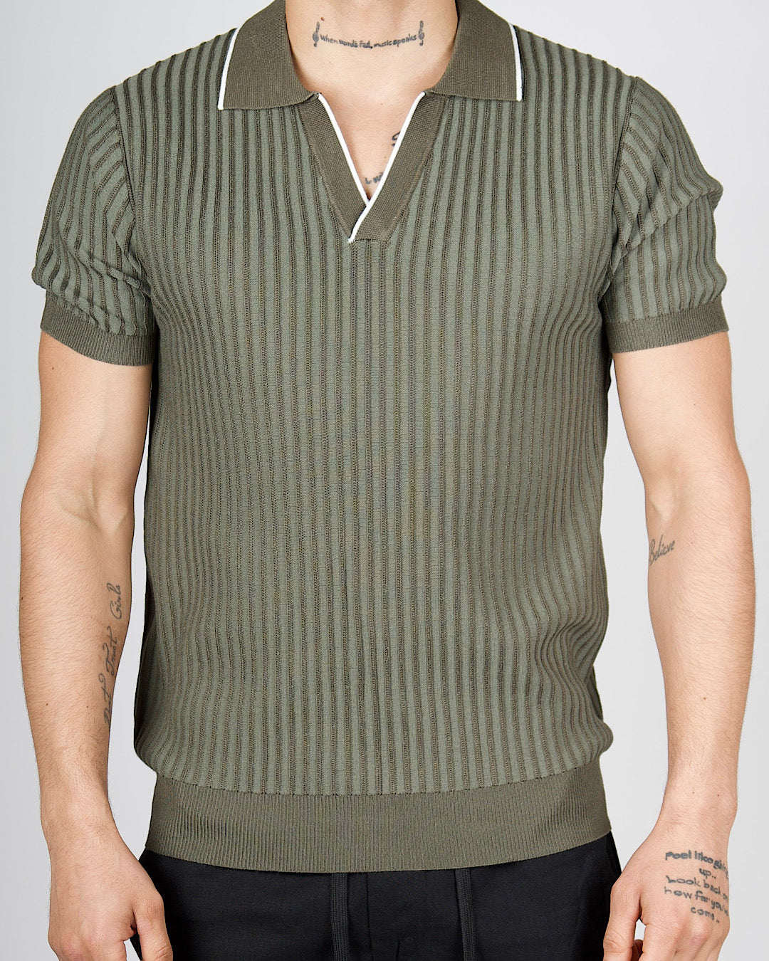 Green Contrast Trim Ribbed Polo Shirt