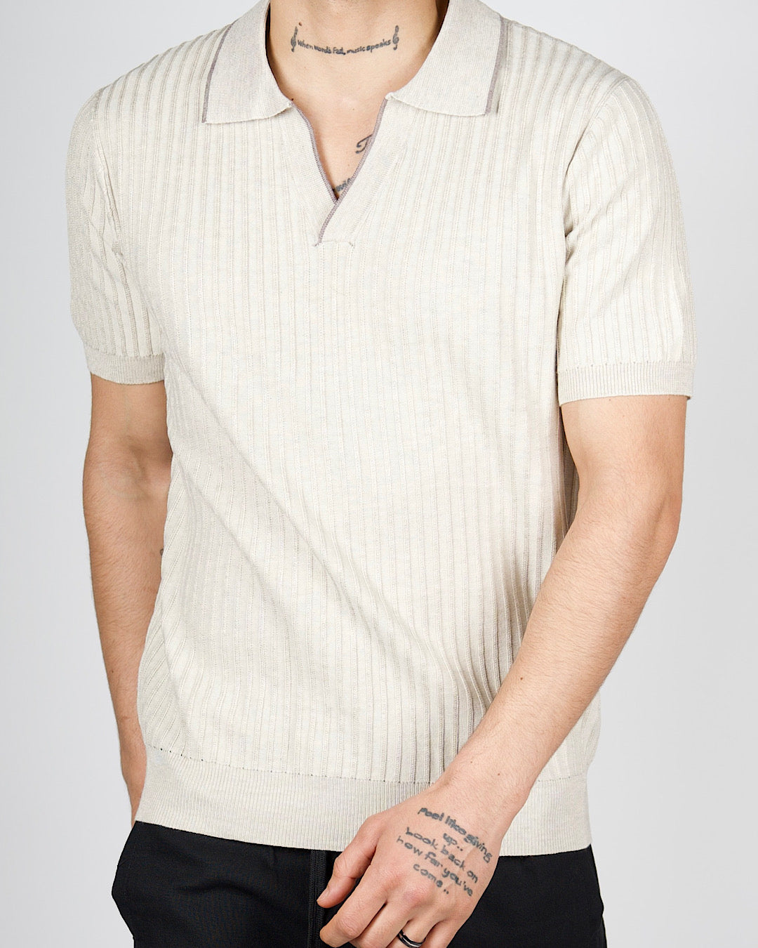 Beige Contrast Trim Ribbed Polo Shirt
