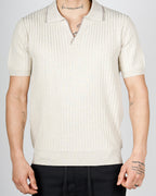 Beige Contrast Trim Ribbed Polo Shirt