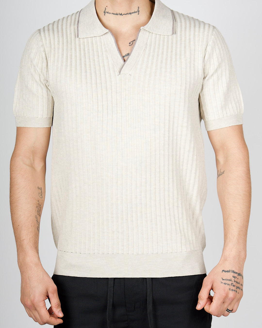 Beige Contrast Trim Ribbed Polo Shirt