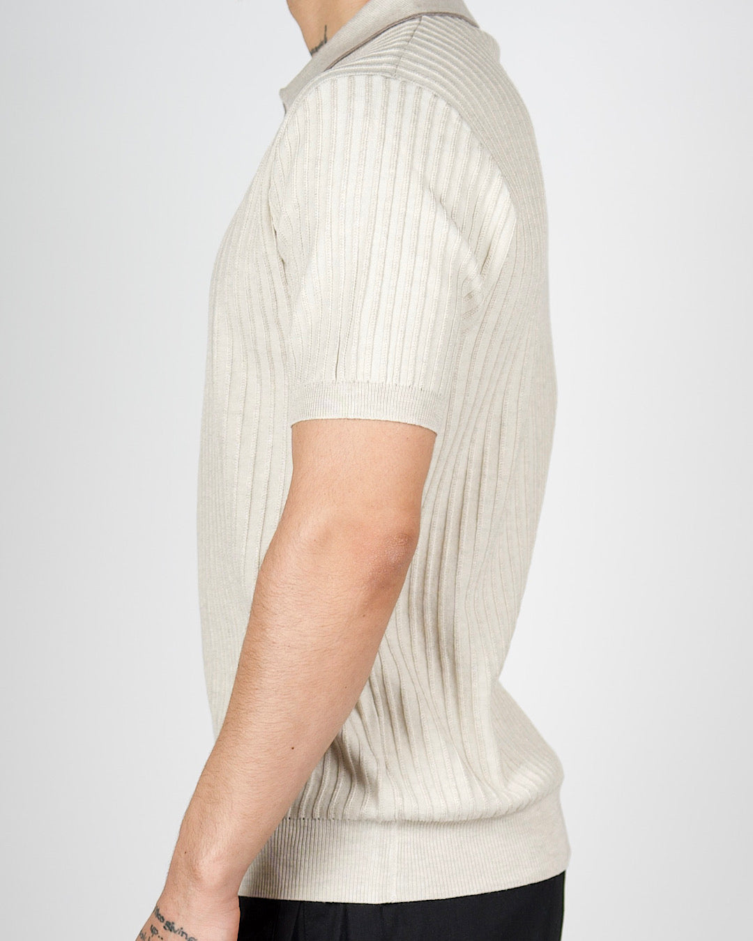 Beige Contrast Trim Ribbed Polo Shirt
