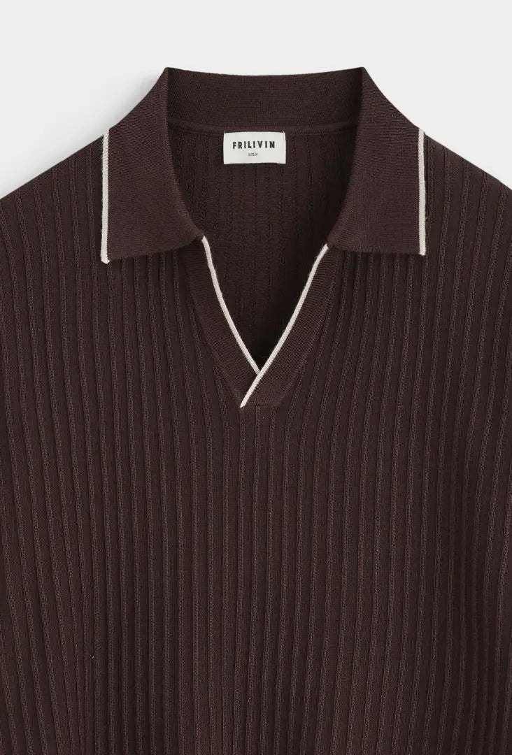 Brown Contrast Trim Ribbed Polo Shirt