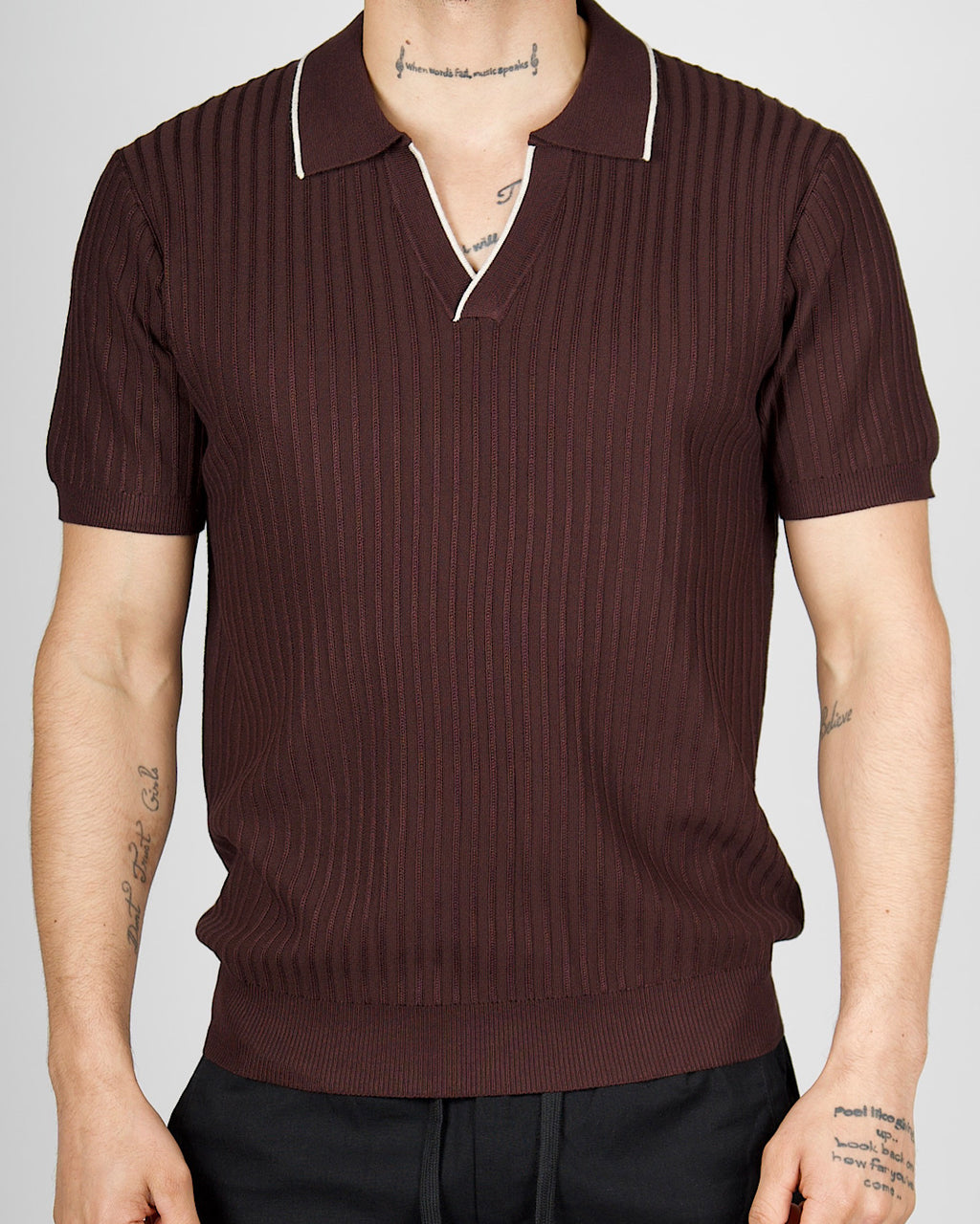 Brown Contrast Trim Ribbed Polo Shirt