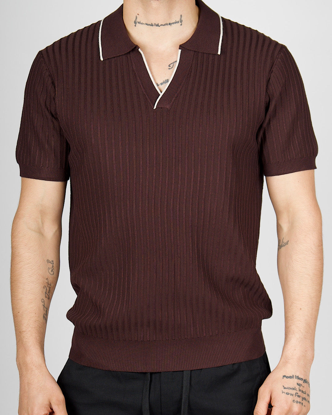 Brown Contrast Trim Ribbed Polo Shirt