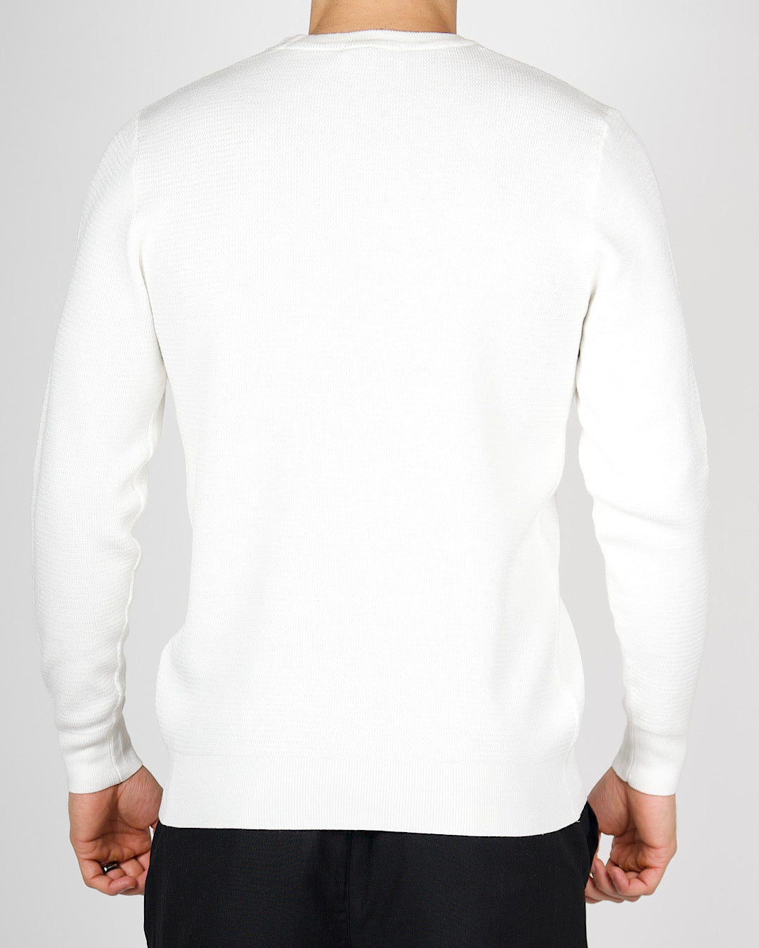 White Textured Knit Crew Neck Sweatshirt
