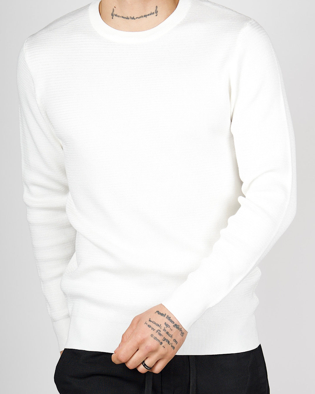 White Textured Knit Crew Neck Sweatshirt