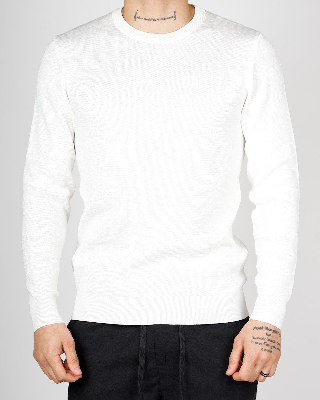 White Textured Knit Crew Neck Sweatshirt