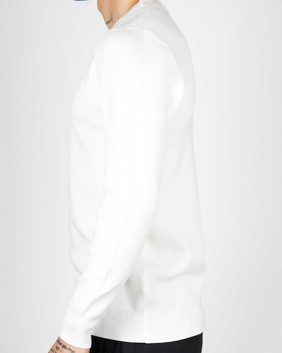 White Textured Knit Crew Neck Sweatshirt