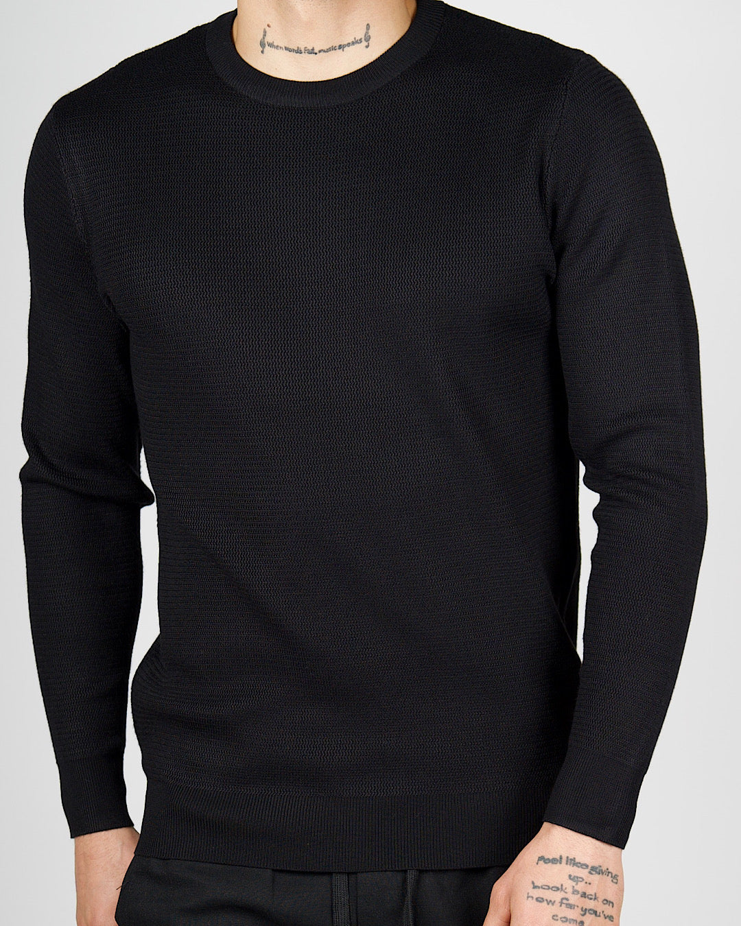 Black Textured Knit Crew Neck Sweatshirt