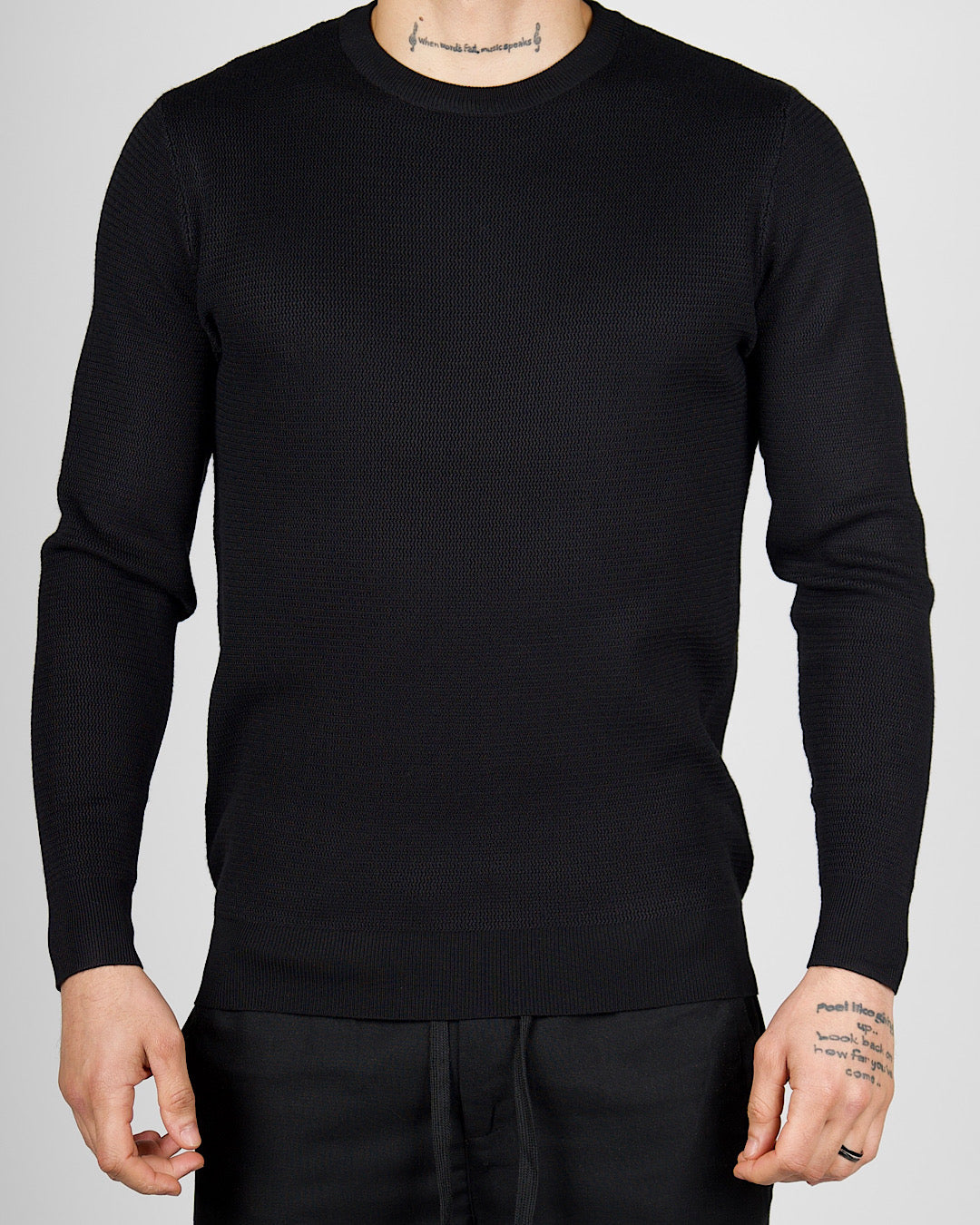 Black Textured Knit Crew Neck Sweatshirt