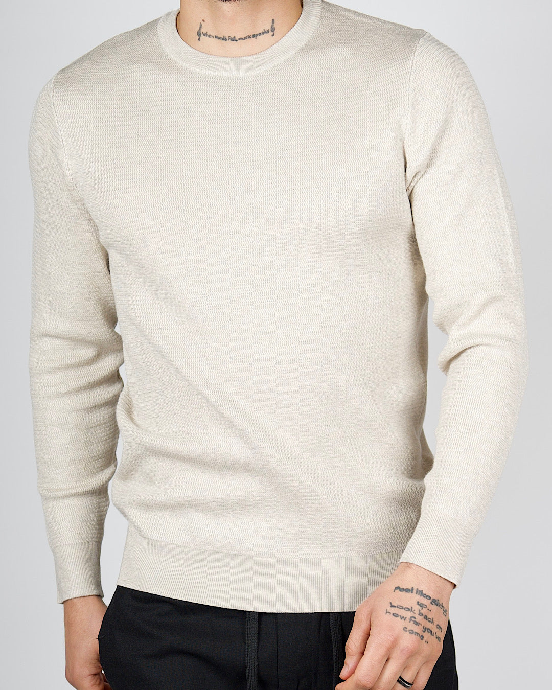 Beige Textured Knit Crew Neck Sweatshirt