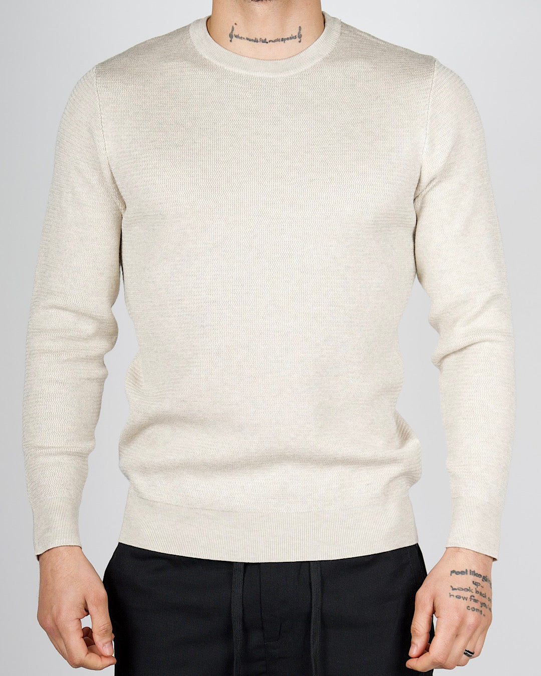 Beige Textured Knit Crew Neck Sweatshirt