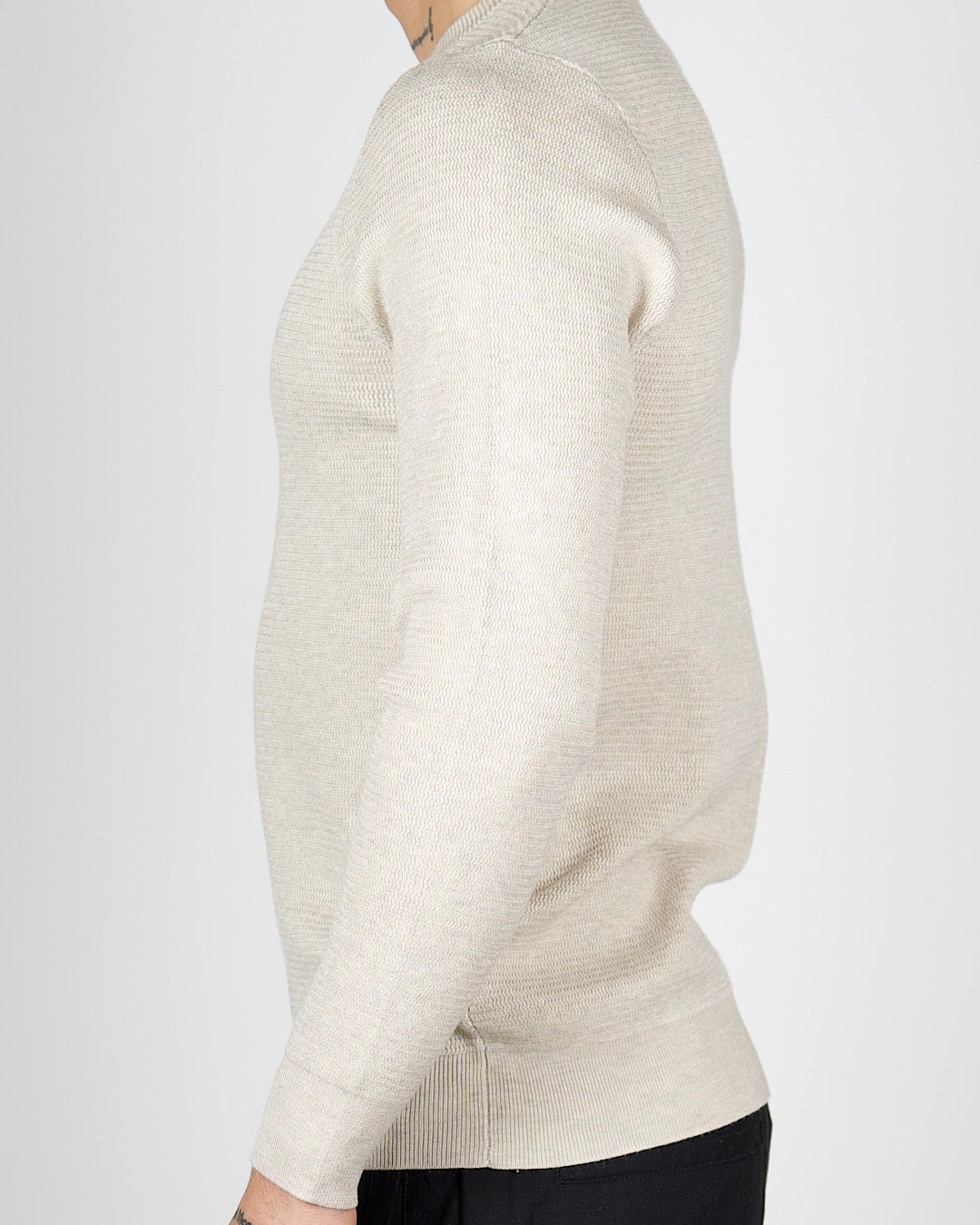 Beige Textured Knit Crew Neck Sweatshirt