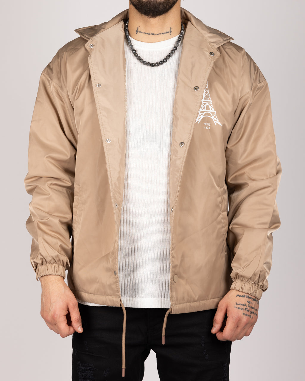 Eiffel Tower Print Coach Jacket Beige
