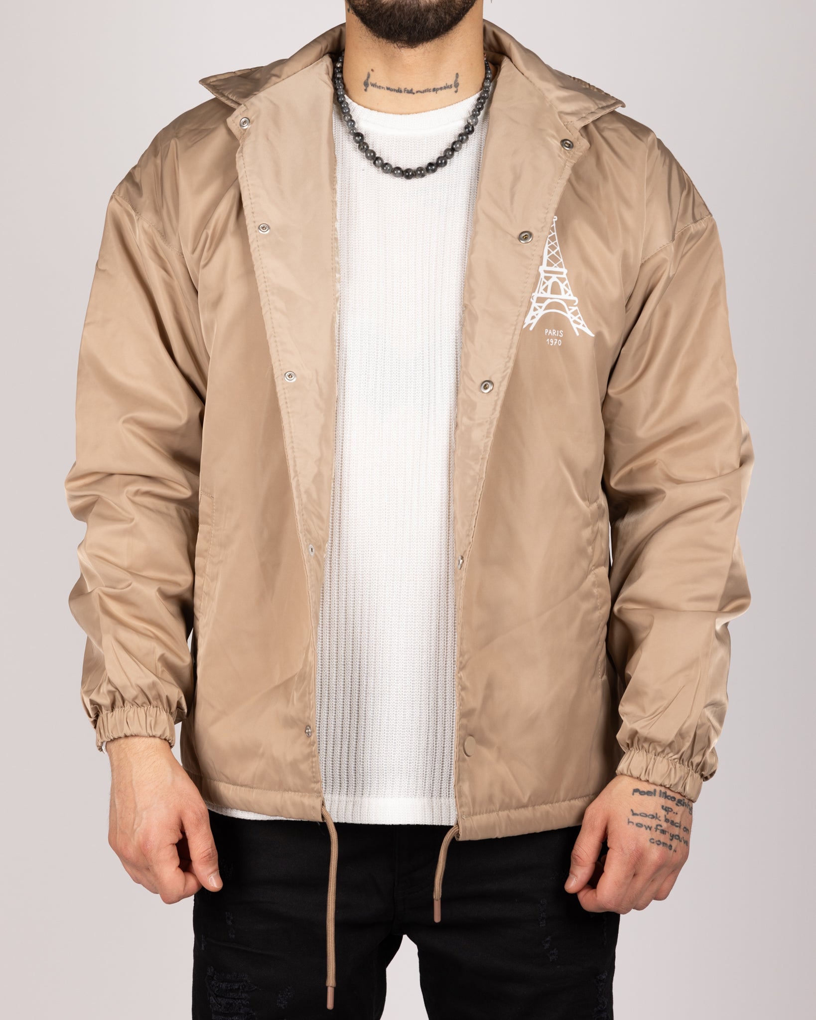Eiffel Tower Print Coach Jacket Beige