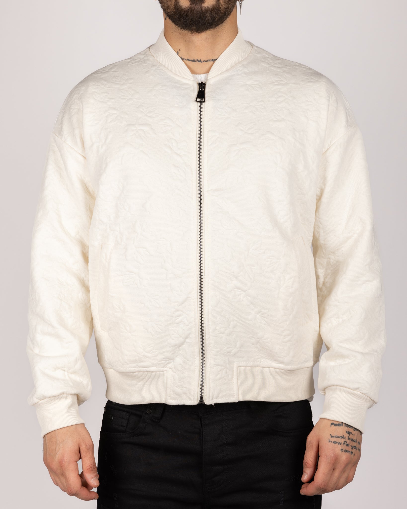 Leaf Pattern Bomber Jacket White