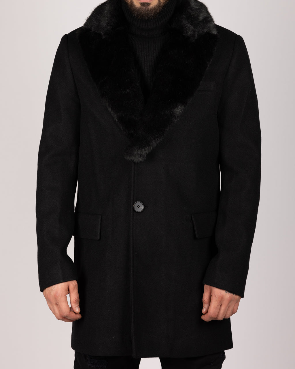 Single Breasted Overcoat With Removeable Fur Collar Black