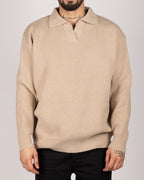 Open Collar Cotton Blend Sweater Beige