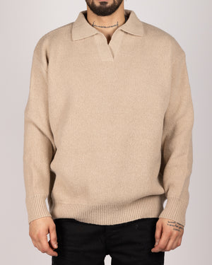 Open Collar Cotton Blend Sweater Beige