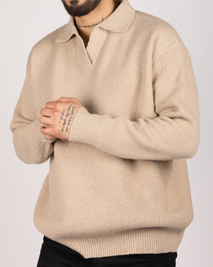 Open Collar Cotton Blend Sweater Beige
