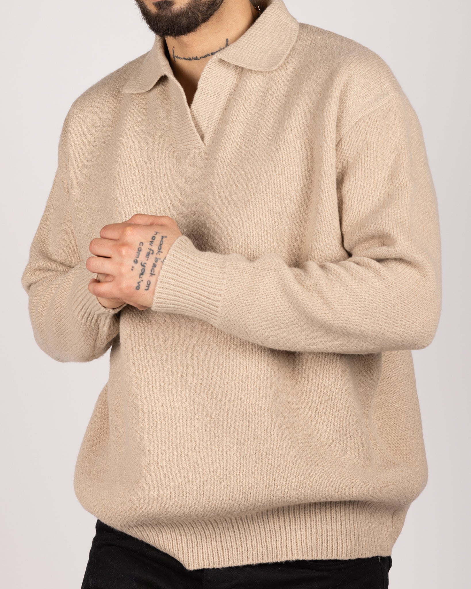 Open Collar Cotton Blend Sweater Beige