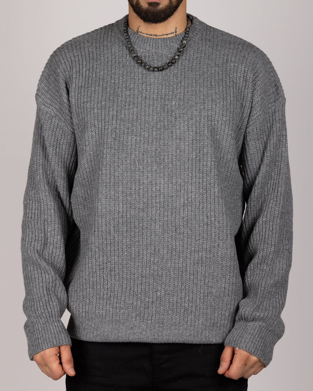 Ribbed Knit Crewneck Sweater Dark Grey