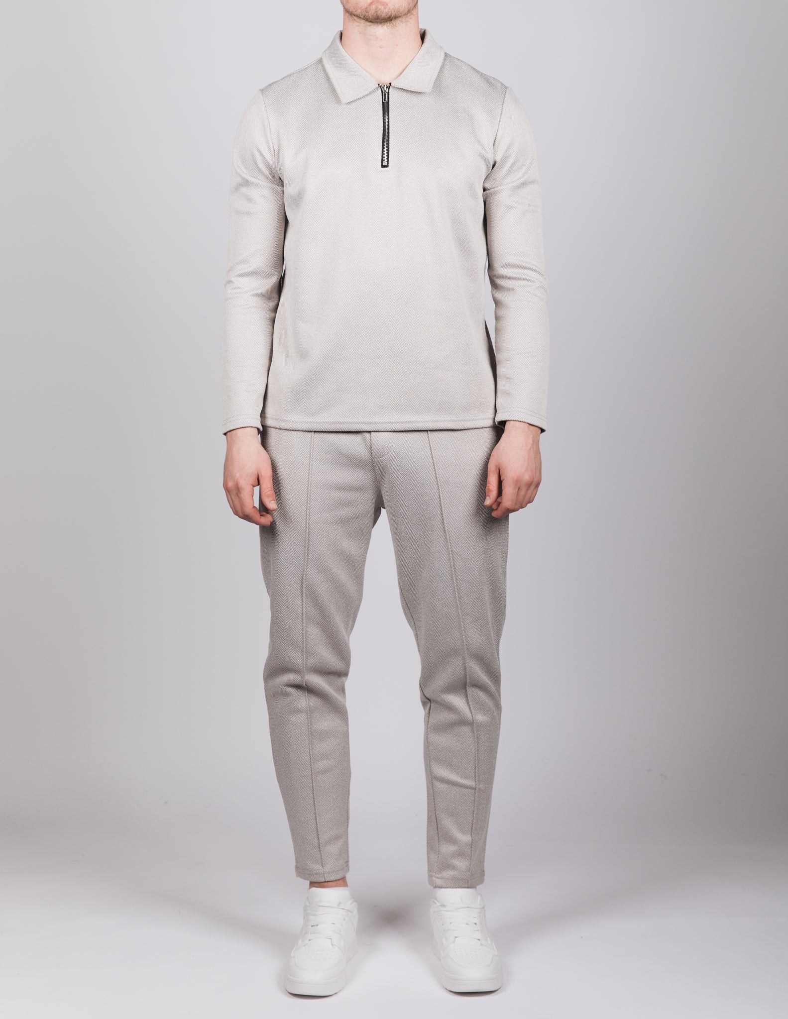 Grey Herringbone Half Zip Shirt