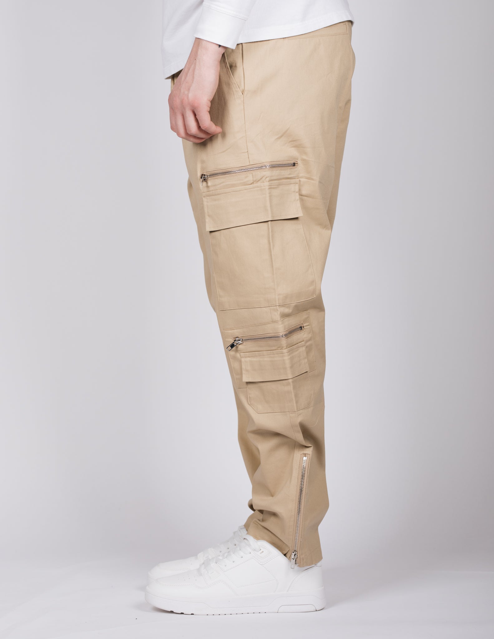 Beige Multi Zip Cargo Joggers – Milano Couture