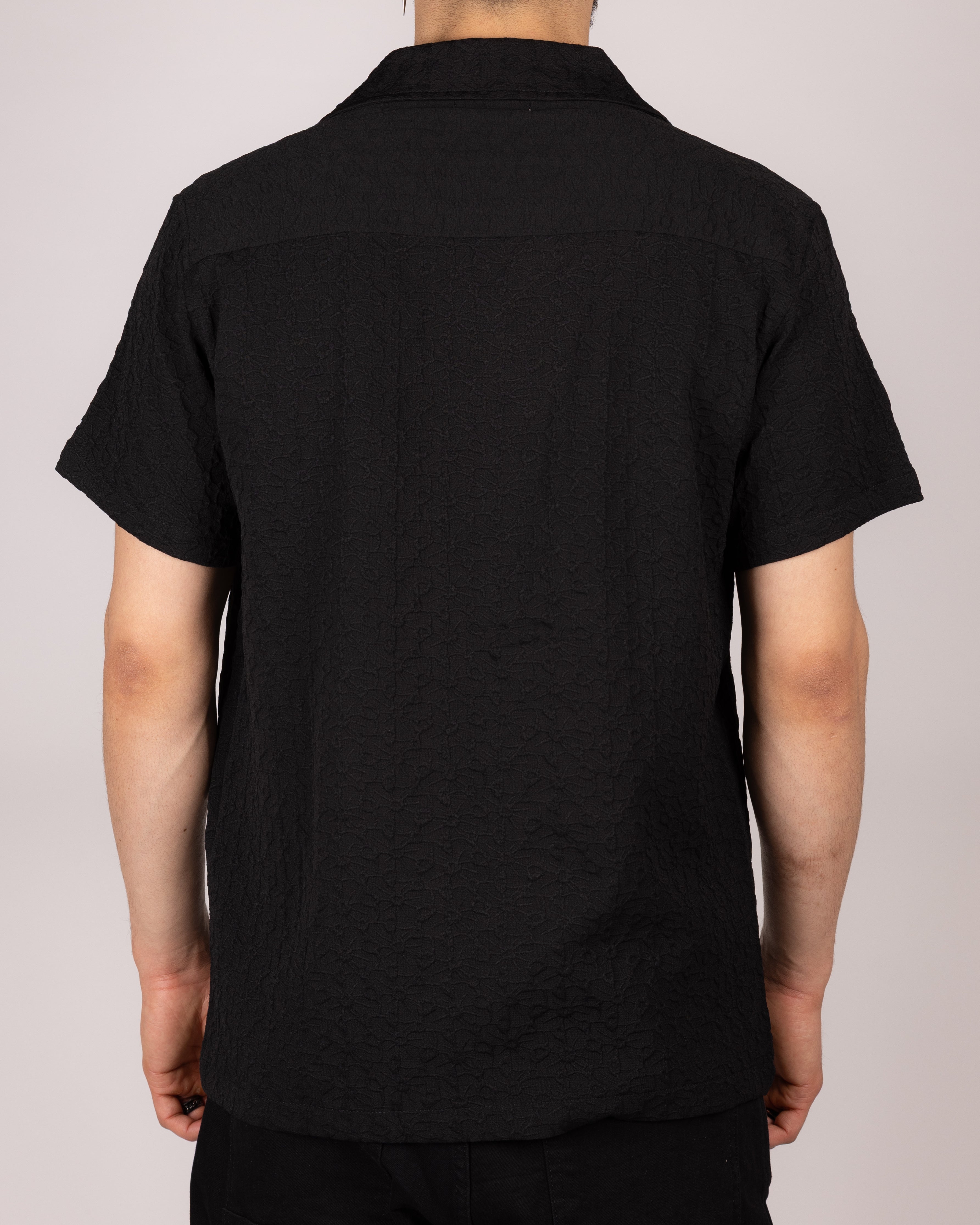 Textured Embroidered Cuban Collar Short Sleeve Shirt