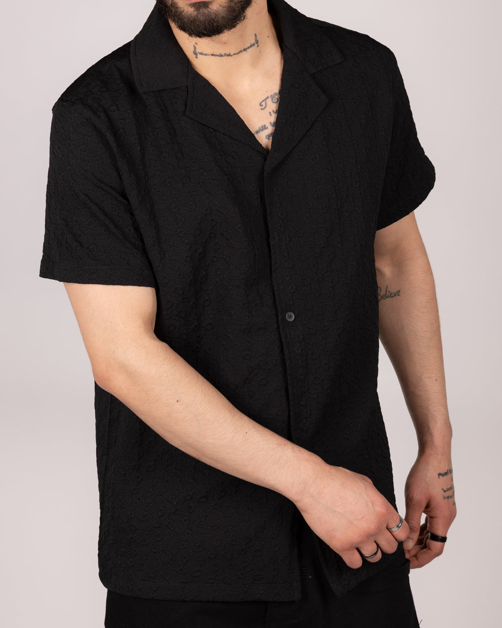 Textured Embroidered Cuban Collar Short Sleeve Shirt