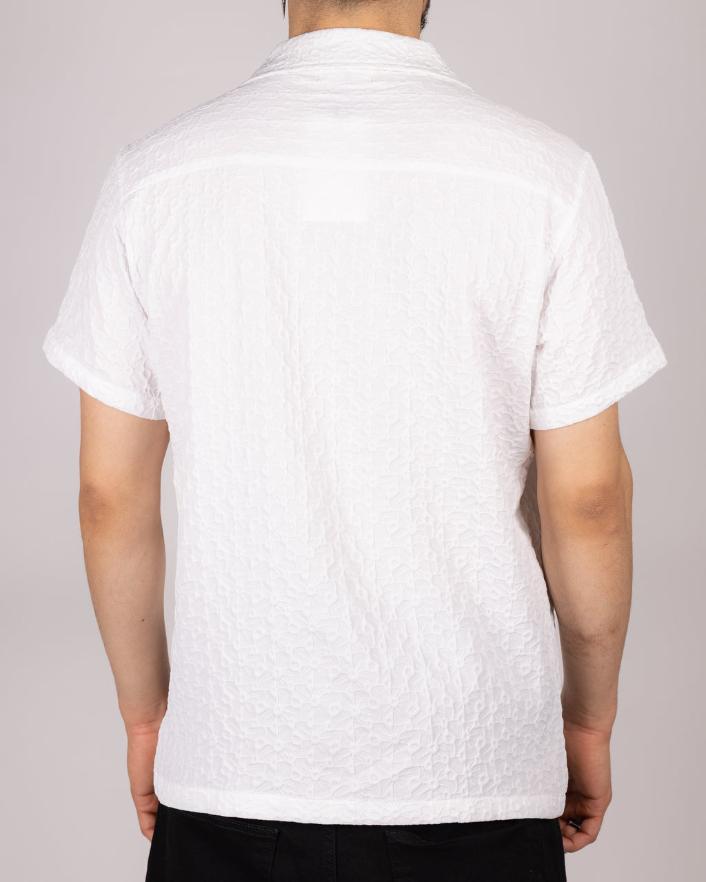 Textured Embroidered Cuban Collar Short Sleeve Shirt