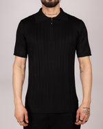 Ribbed Knit Zip Polo Shirt