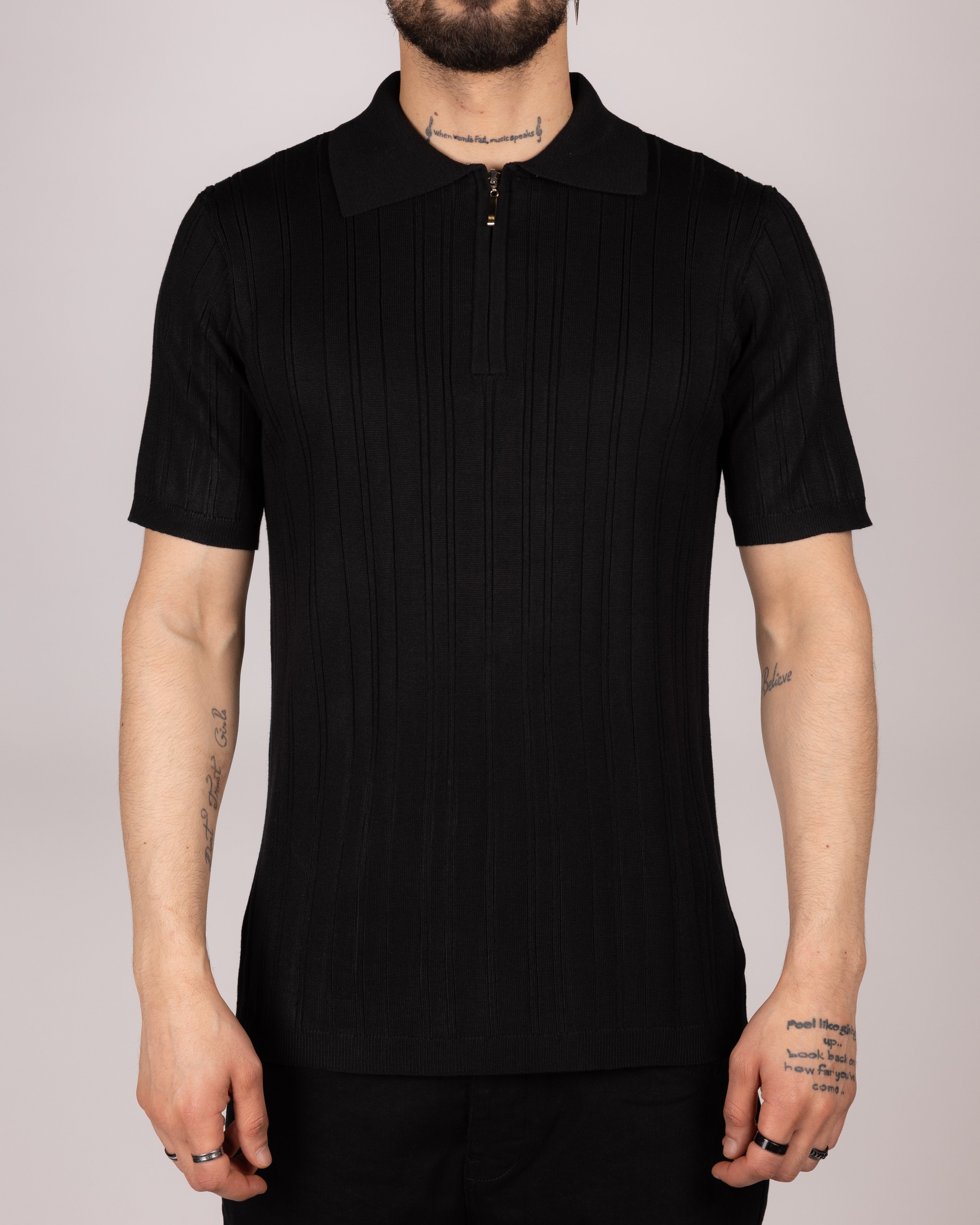 Ribbed Knit Zip Polo Shirt