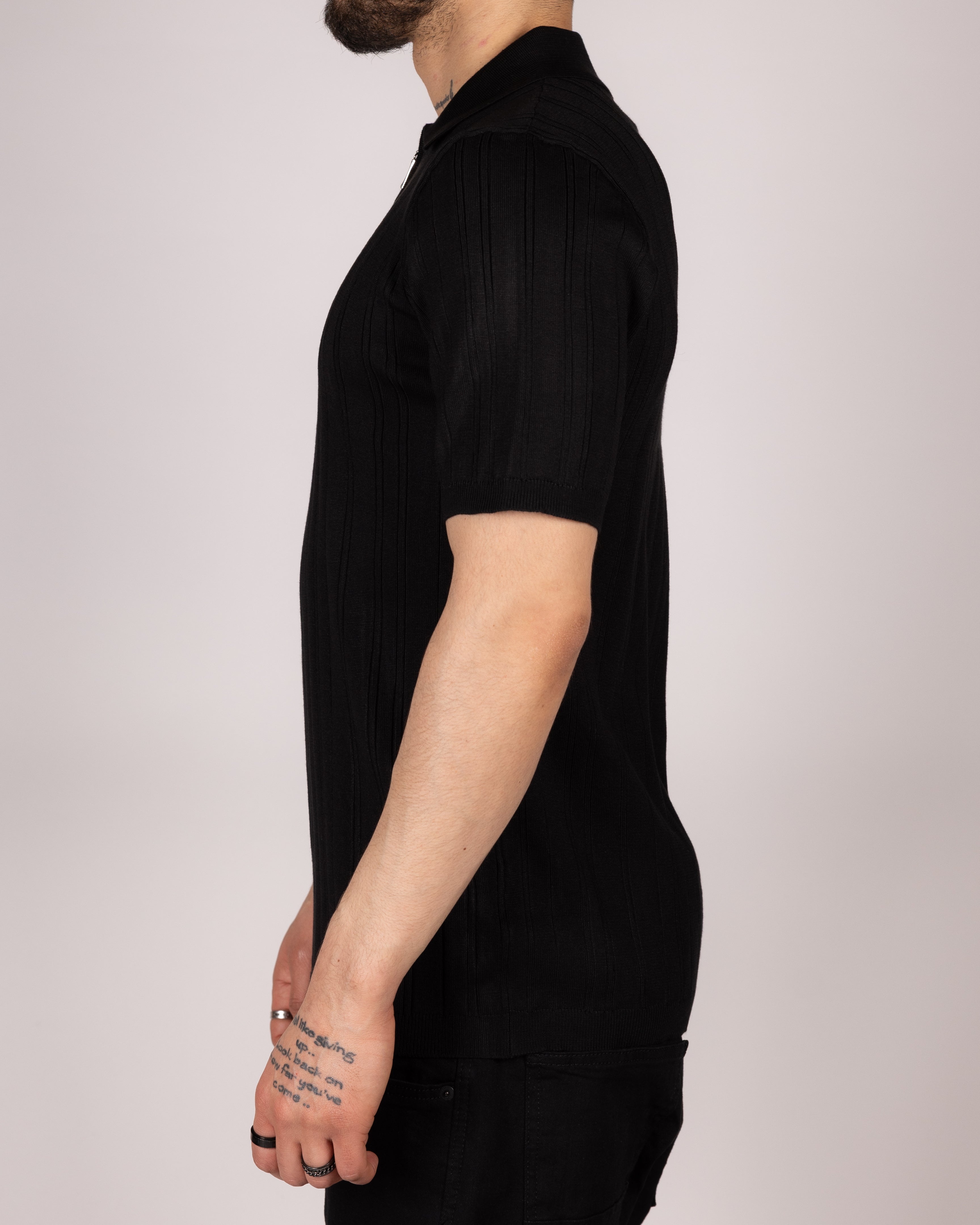 Ribbed Knit Zip Polo Shirt