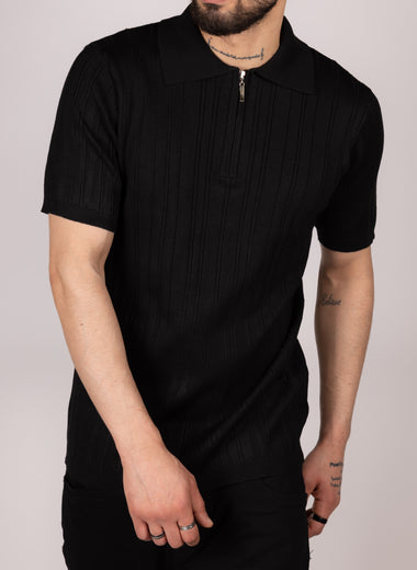 Ribbed Knit Zip Polo Shirt